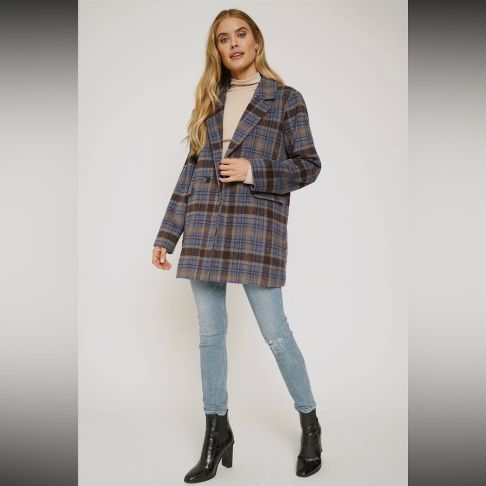 NWOT Blazer Plaid Multi Yarn Jacket Blue size L